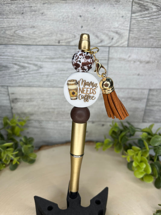 Mama Needs Coffee Cow Print Tassel Pen